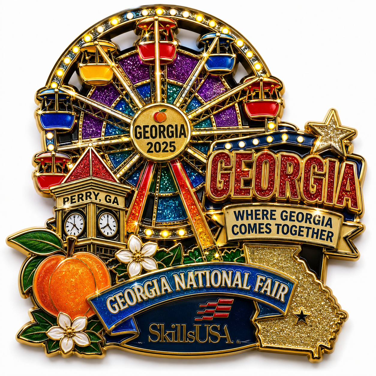 Georgia National Fair pin design featuring a ferris wheel, peach, and clock tower